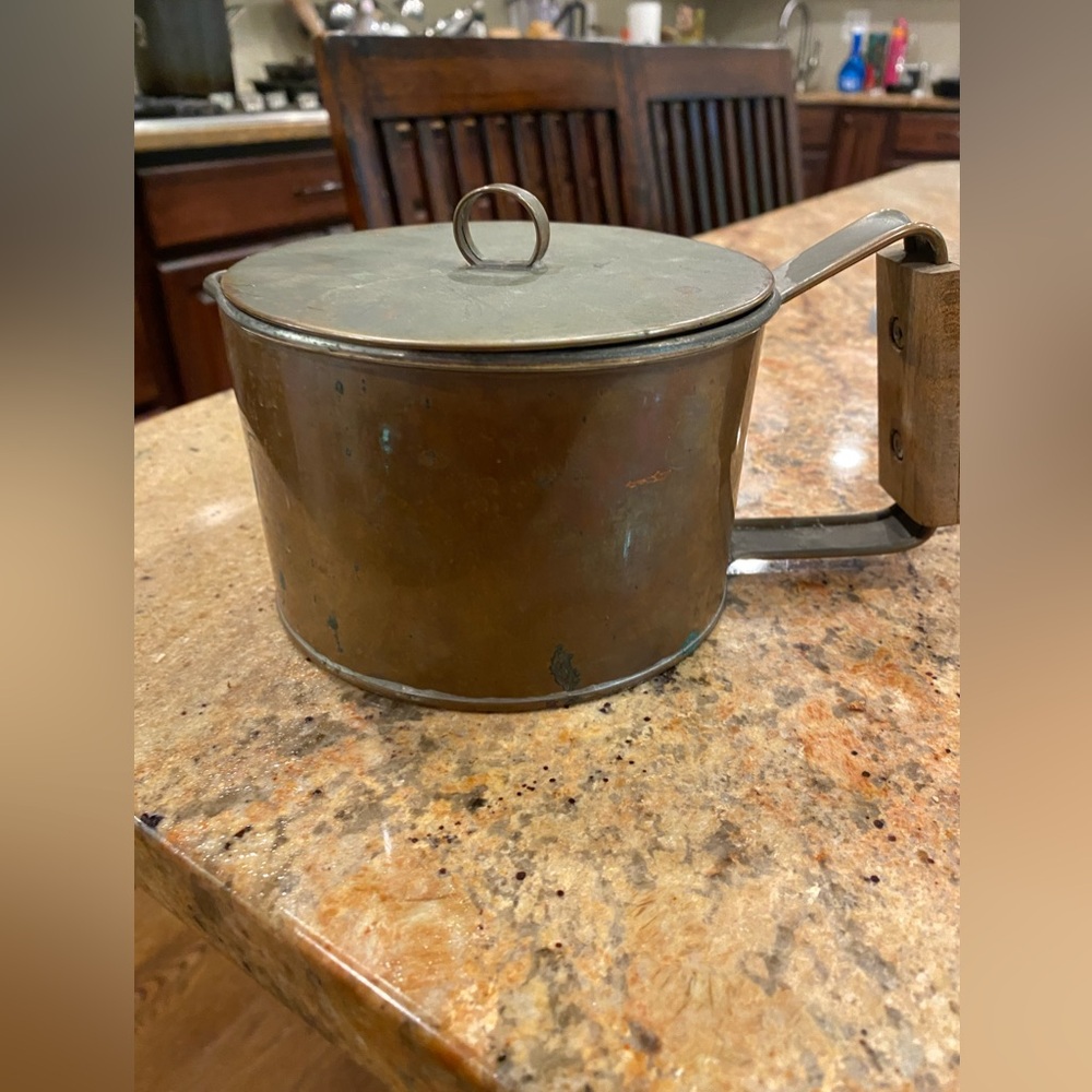 Vintage Copper Pot w./Spout & Wood Handle, Possible Tin Lined Farmhouse cottage